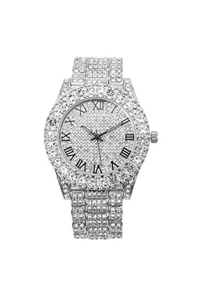 Mens Big Rocks with Roman Numerals Fully Iced Out Colorful Dial Watch - ST10327 RN Single (ST10327RN Silver BLK R#)