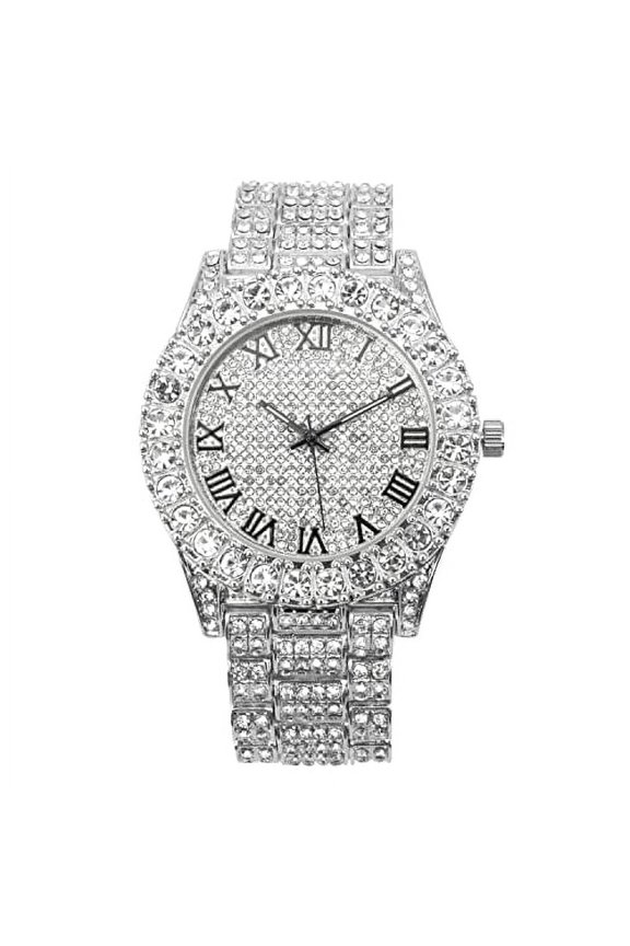 Mens Big Rocks with Roman Numerals Fully Iced Out Colorful Dial Watch - ST10327 RN Single (ST10327RN Silver BLK R#)