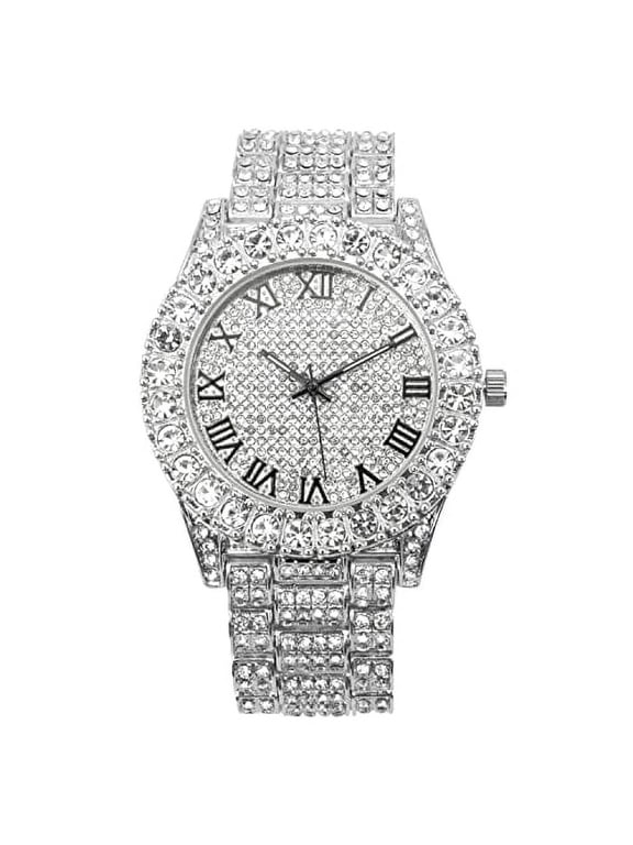 Mens Big Rocks with Roman Numerals Fully Iced Out Colorful Dial Watch - ST10327 RN Single (ST10327RN Silver BLK R#)