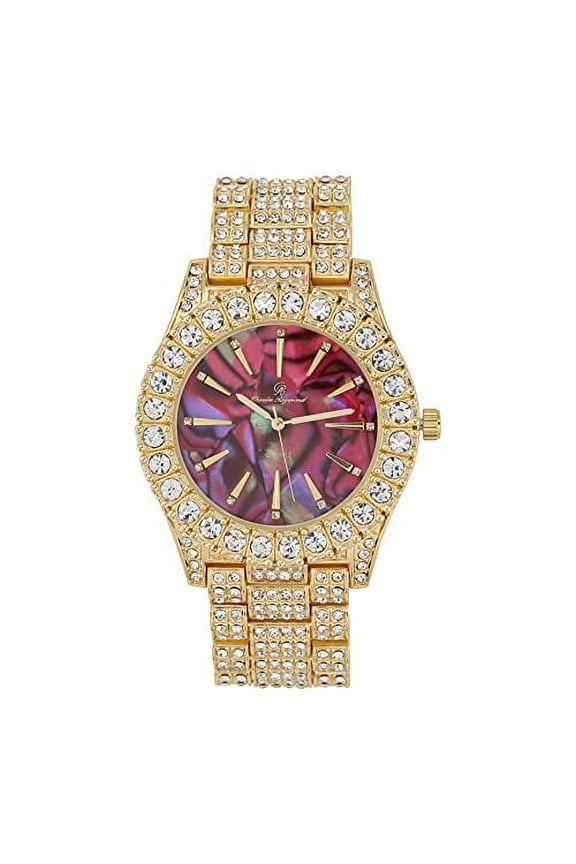 Mens Blinged Out Gold Big Rocks Timepiece w/Minimilist Index Time Indicators Overlayed on Beautiful Colorful Hip Hop Iced Out Design Dials - ST10327MO (Red Abalone MOP)