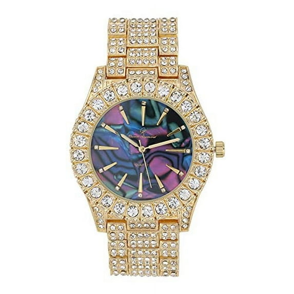 Charles Raymond Mens Blinged Out Gold Big Rocks Timepiece w/Minimilist Index Time Indicators Overlayed on Beautiful Colorful Mother of Pearl Hip Hop Iced Out Dials - ST10327MO (Purple Abalone MOP)