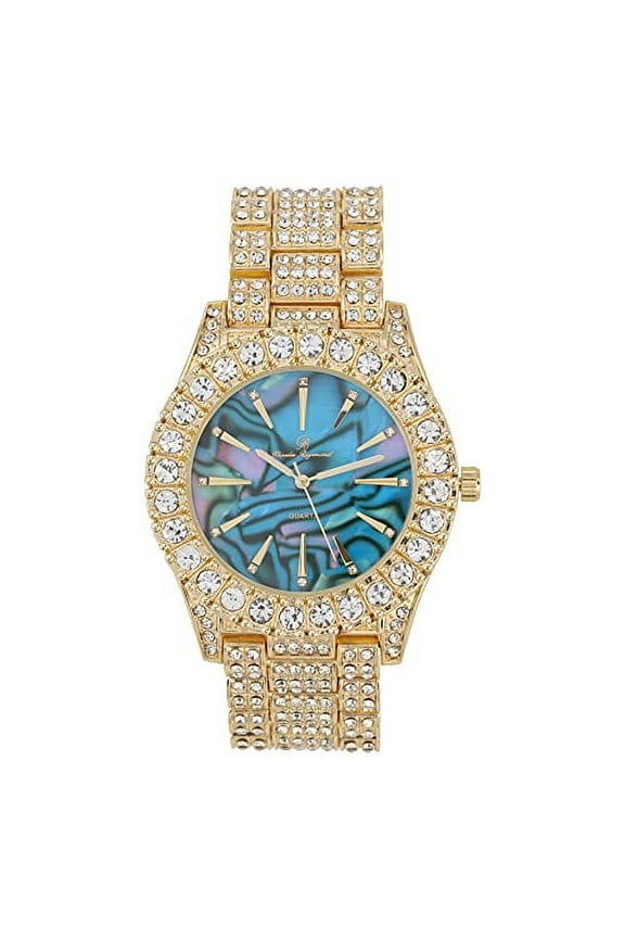 Mens Blinged Out Gold Big Rocks Timepiece w/Minimilist Index Time Indicators Overlayed on Beautiful Colorful Mother of Pearl Hip Hop Iced Out Dials - ST10327MO (Turquoise Abalone MOP)
