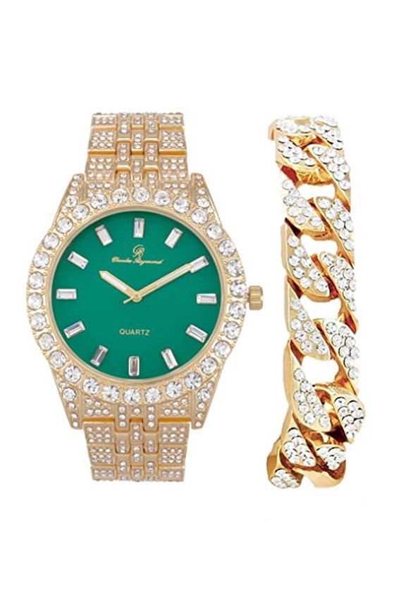 Mens Blinged out Wristwatch w/Iced Rolly Hip Hop Bracelet - Big Rhinestones and Elegant Baguette Time Indicators on Dial - Master Bling Designer - ST10226B (Gold Bright Green)