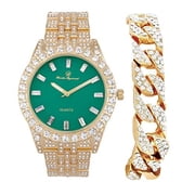 Charles Raymond Mens Blinged out Wristwatch w/Iced Rolly Hip Hop Bracelet - Big Rhinestones and Elegant Baguette Time Indicators on Dial - Master Bling Designer - ST10226B Gold Bright Green