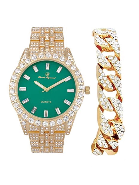 Mens Blinged out Wristwatch w/Iced Rolly Hip Hop Bracelet - Big Rhinestones and Elegant Baguette Time Indicators on Dial - Master Bling Designer - ST10226B (Gold Bright Green)
