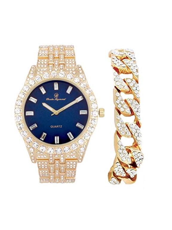 Mens Blinged out Wristwatch w/ Iced Rolly Hip Hop Bracelet - Big Rhinestones on Trim and Elegant Baguette Time Indicators on Dial - Master Bling Designer - ST10226B (Gold Bright Blue)