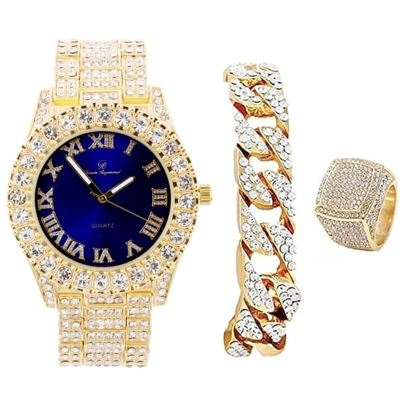 Charles Raymond Mens Gold Big Rocks Bezel Blood Red Dial with Roman Numerals Fully Iced Out Hip Hop Wristwatch w/Cuban Chain Bracelet & Ring ST10327SET3PC (8,Blue-Gold)