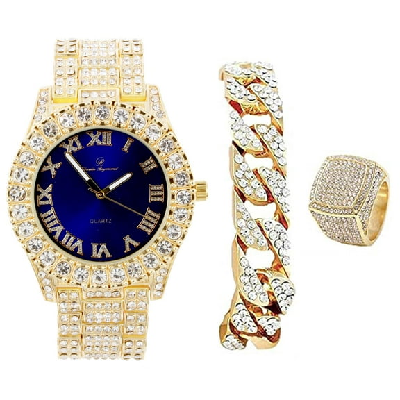 Charles Raymond Mens Gold Big Rocks Bezel Blood Red Dial with Roman Numerals Fully Iced Out Hip Hop Wristwatch w/Cuban Chain Bracelet & Ring ST10327SET3PC (9,Blue-Gold)