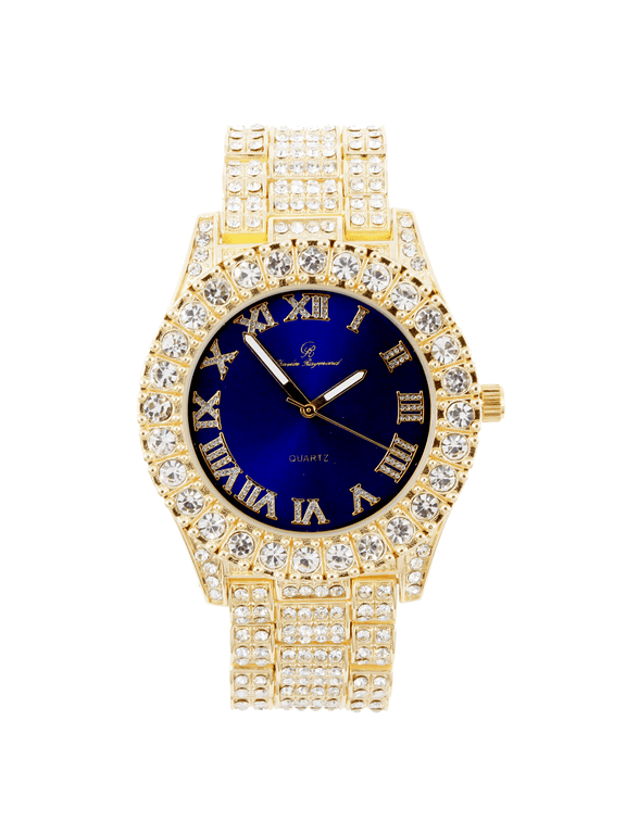 Mens Gold Big Rocks with Roman Numerals Fully Iced Out Hip Hop Blinged Out Wristwatch - ST10327 RN