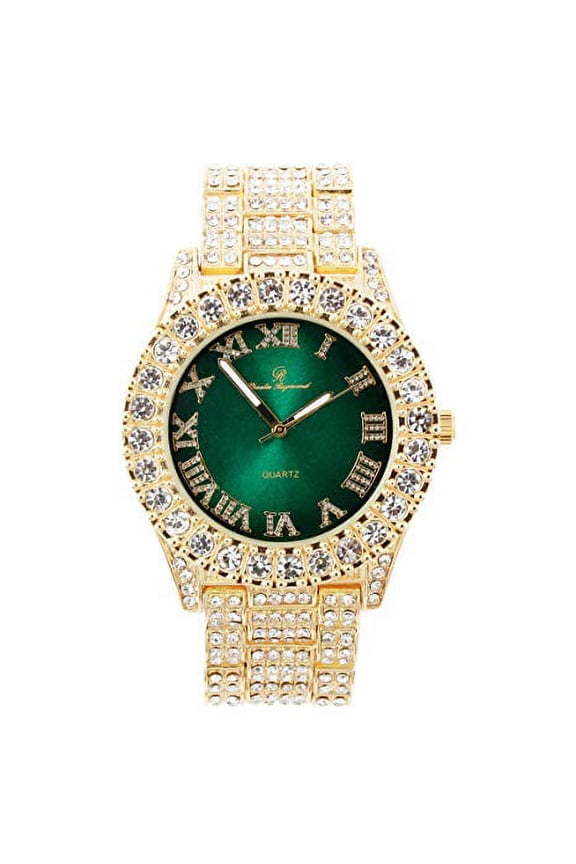 Mens Hip Hop Big Rocks with Roman Numerals Blinged Out Fully Iced Out Colorful Dial Wristwatch - ST10327 RN Single (Gold Money Green)