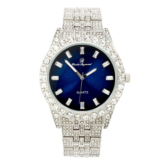 Charles Raymond Mens Hip Hop Metal Iced out Wristwatch - Big Rhinestones on Trim and Elegant Baguette Time Indicators on Dial - Master Bling Designer Look - ST10226 BGS Single (Silver Royal Blue)