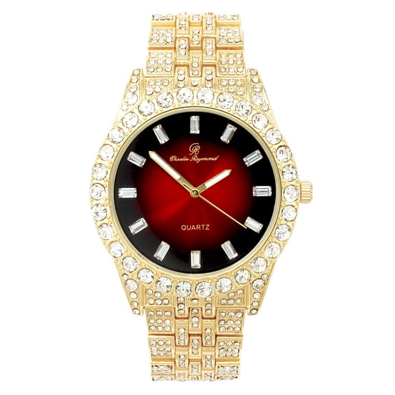 Charles Raymond Mens Hip Hop Metal Timepiece - Big Rhinestones on Trim and Elegant Baguette Time Indicators on Dial - Master Bling Designer Look - ST10226 BGS Single (Gold Blood Red)