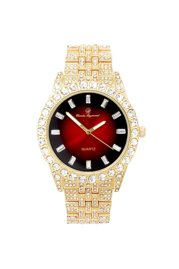 Mens Hip Hop Metal Timepiece - Big Rhinestones on Trim and Elegant Baguette Time Indicators on Dial - Master Bling Designer Look - ST10226 BGS Single (Gold Blood Red)