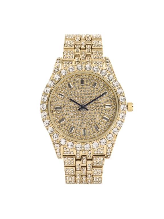 Mens Hip Hop Metal Timepiece - Big Rhinestones on Trim and Elegant Baguette Time Indicators on Dial - Master Blinged Out Designer Look - ST10226 BGS Single (Gold Gold)