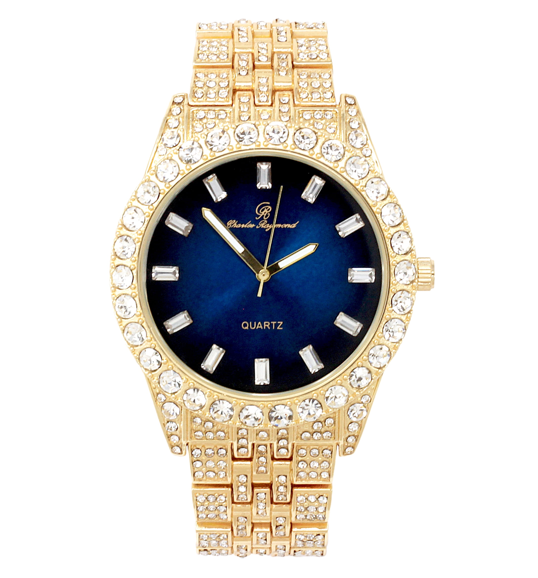 Charles Raymond Mens Hip Hop Metal Timepiece Big Rhinestones on Trim and Elegant Baguette Time Indicators on Dial Master Blinged out Designer Look ST10226 BGS Single Gold Royal Blue Walmart
