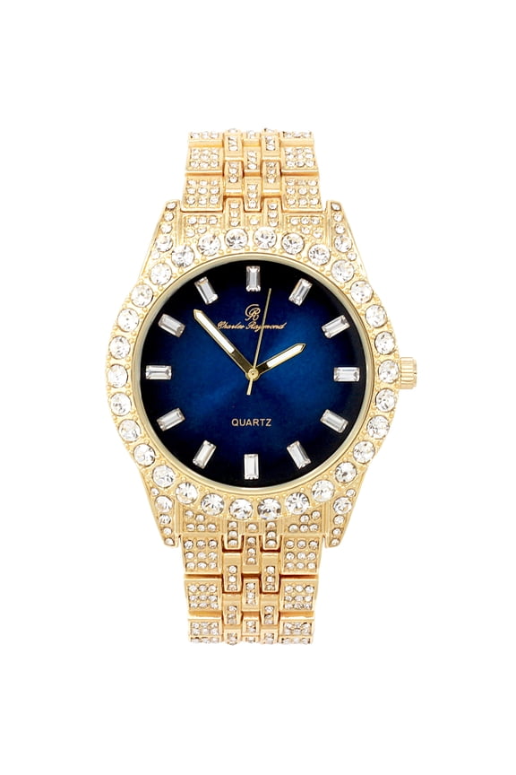 Mens Hip Hop Metal Timepiece - Big Rhinestones on Trim and Elegant Baguette Time Indicators on Dial - Master Blinged out Designer Look - ST10226 BGS Single (Gold Royal Blue)
