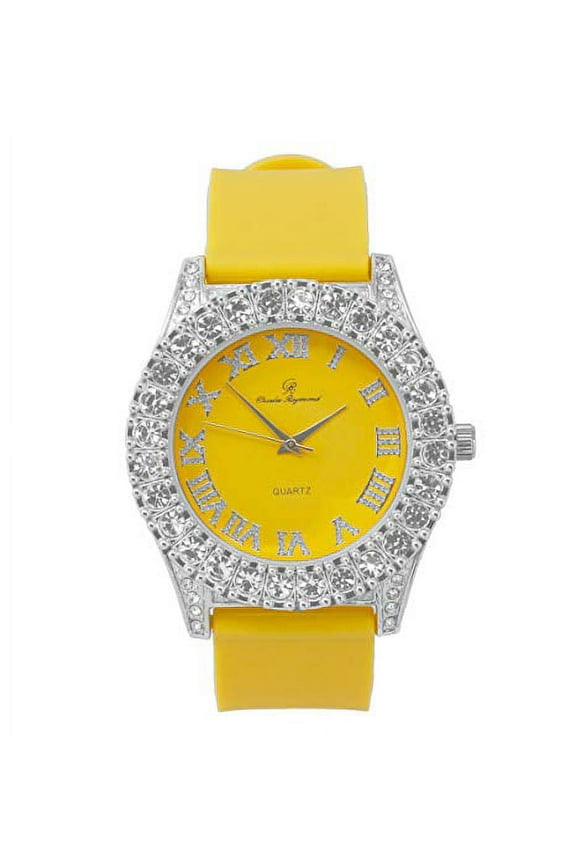 Mens Hip Hop Silver Big Rocks Blinged out with Roman Numerals Fully Iced Out Colorful Dial Wristwatch - ST10327 RN Single (ST10357SlvYoloYellow)
