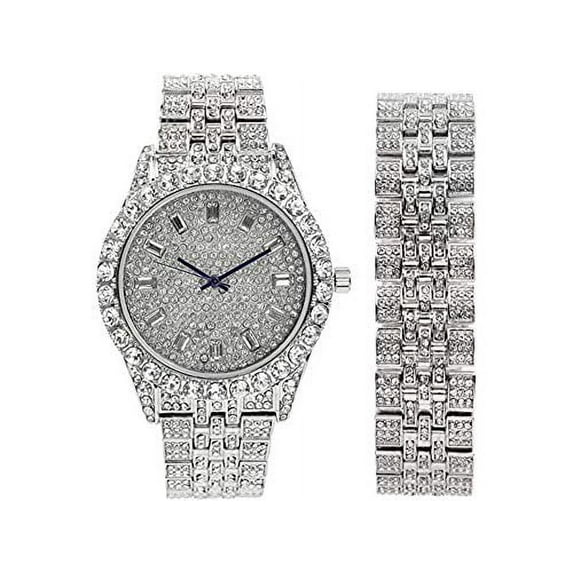 Charles Raymond Mens Iced out WristWatch w/Matching Iced Rolly Hip Hop Bracelet - Big Rhinestones on Trim and Elegant Baguette Time Indicators on Dial - Master Blinged out Designer - ST10226B (Silver)