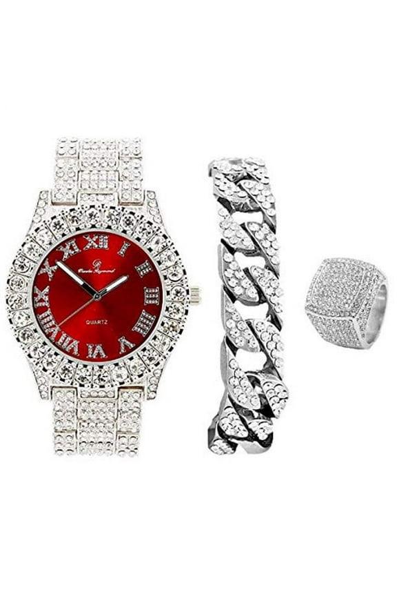 Mens Silver Big Rocks Bezel Bloody-Red Dial with Roman Numerals Fully Iced Out Hip Hop Wristwatch w/Cuban Blinged Out Chain Bracelet & Ring Size 12- Bloody Red/Silver- ST10327CRS (12)