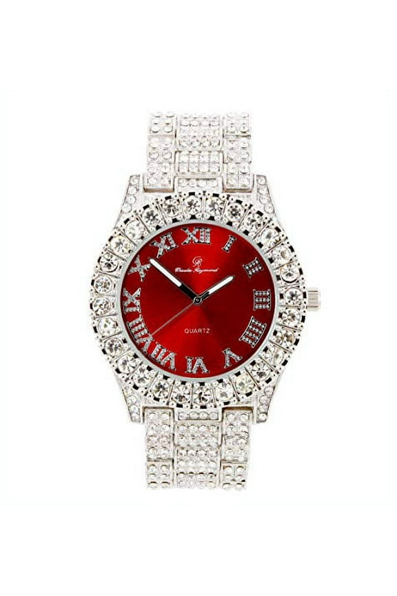 Mens Silver Big Rocks Hip Hop with Roman Numerals Blinged Out Fully Iced Out Colorful Dial Wristwatch - ST10327 RN Single (Blood Red/Silver)
