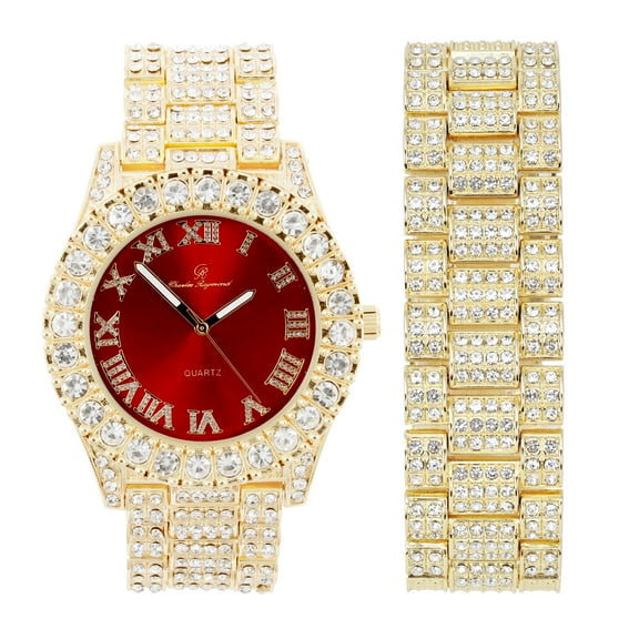 Charles Raymond Mens Silver Big Rocks with Roman Numerals Fully Iced Out Colorful Dial Watch w/Bling'ed Out Cuban Shiny Silver Bracelet - ST10327 RN Cuban (ST10327 Red GLD Match-B)