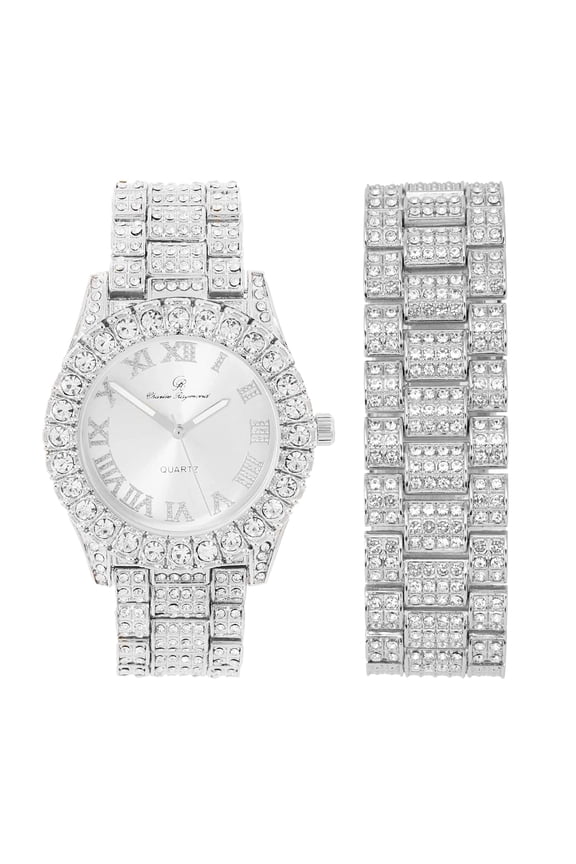 Mens Silver Big Rocks with Roman Numerals Fully Iced Out Colorful Dial Watch w/Bling'ed Out Cuban Shiny Silver Bracelet - ST10327 RN Cuban (ST10327 Shiny SLV Match-B)