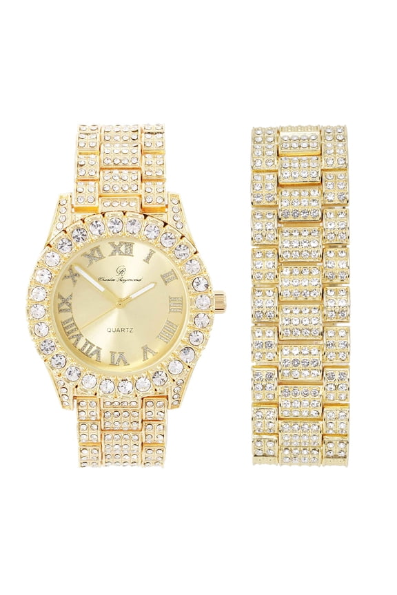 Mens Silver Big Rocks with Roman Numerals Fully Iced Out Colorful Dial Watch w/Bling'ed Out Cuban Shiny Silver Bracelet - ST10327 RN Cuban (ST10327 Shiny GLD Match-B)