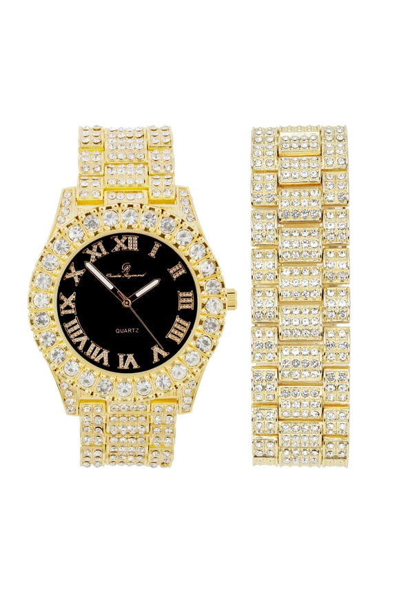 Mens Silver Big Rocks with Roman Numerals Fully Iced Out Colorful Dial Watch w/Bling'ed Out Cuban Shiny Silver Bracelet - ST10327 RN Cuban (ST10327 Gld/Blk - MB)