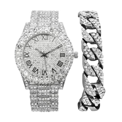 Charles Raymond Mens Silver Big Rocks with Roman Numerals Fully Iced Out Colorful Dial Watch w/Bling'ed Out Cuban Shiny Silver Bracelet - ST10327 RN Cuban (ST10327RN Silver BLK R# w/Cuban)