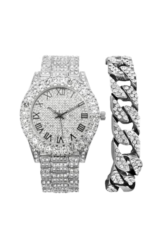 Mens Silver Big Rocks with Roman Numerals Fully Iced Out Colorful Dial Watch w/Bling'ed Out Cuban Shiny Silver Bracelet - ST10327 RN Cuban (ST10327RN Silver BLK R# w/Cuban)