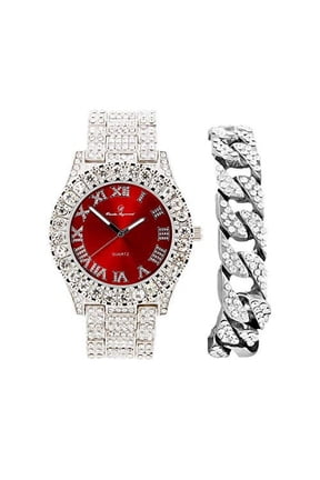 Mens Silver Big Rocks with Roman Numerals Fully Iced Out Colorful Dial Watch w/Bling'ed Out Cuban Shiny Silver Bracelet - ST10327 RN Cuban (Silver Blood Red)