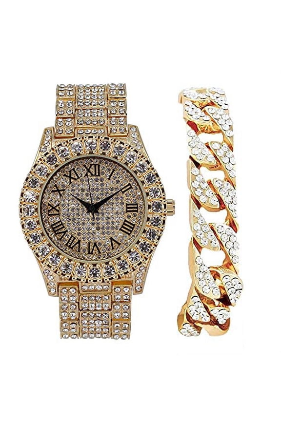 Mens Silver Big Rocks with Roman Numerals Fully Iced Out Colorful Dial Wristwatch w/Blinged Out Cuban Shiny Silver Bracelet - ST10327 RN Cuban (Gold Black R #)