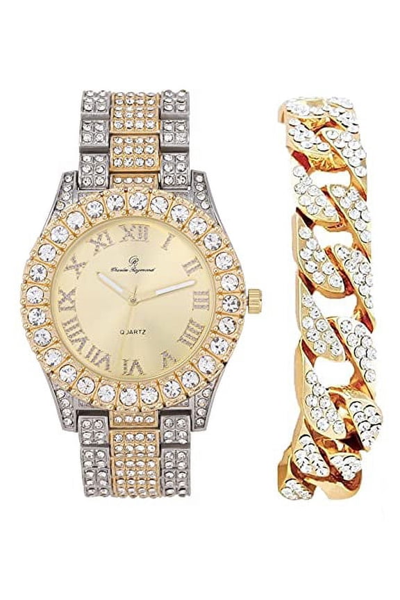 Mens Silver Big Rocks with Roman Numerals Fully Iced Out Colorful Dial Wristwatch w/Blinged Out Cuban Shiny Silver Bracelet - ST10327 RN Cuban (TT - Gld/SLV Gld Dial)