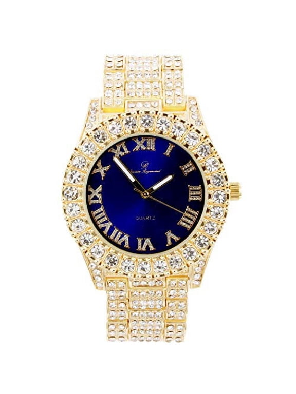 Mens Silver Big Rocks with Roman Numerals Fully Iced Out Colorful Dial Watch - ST10327 RN Single (Gold Royal Blue)