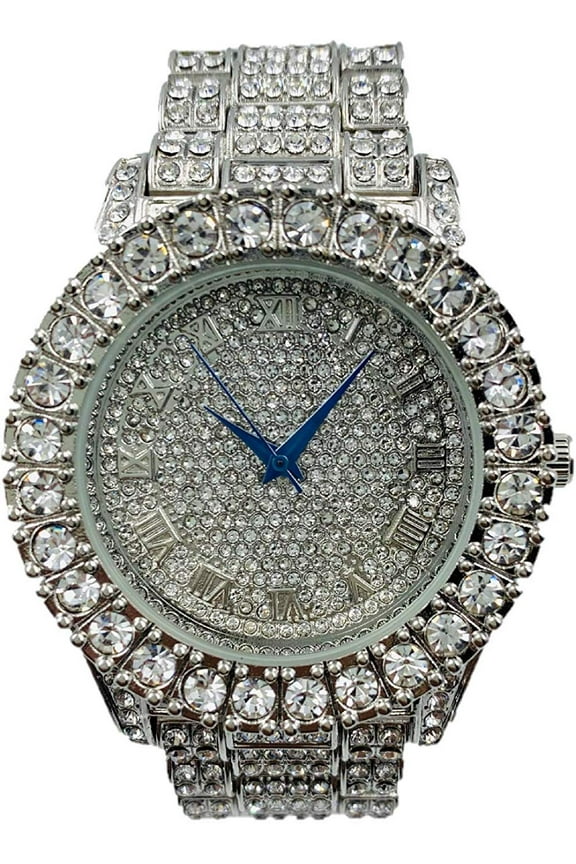 Mens Silver Big Rocks with Roman Numerals Fully Iced Out Hip Hop Wristwatch - ST10327 RN