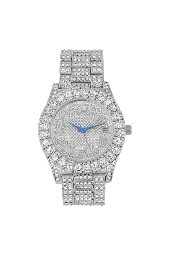 Mens Silver Big Rocks with Roman Numerals Fully Iced Out Hip Hop Wristwatch - ST10327 RN