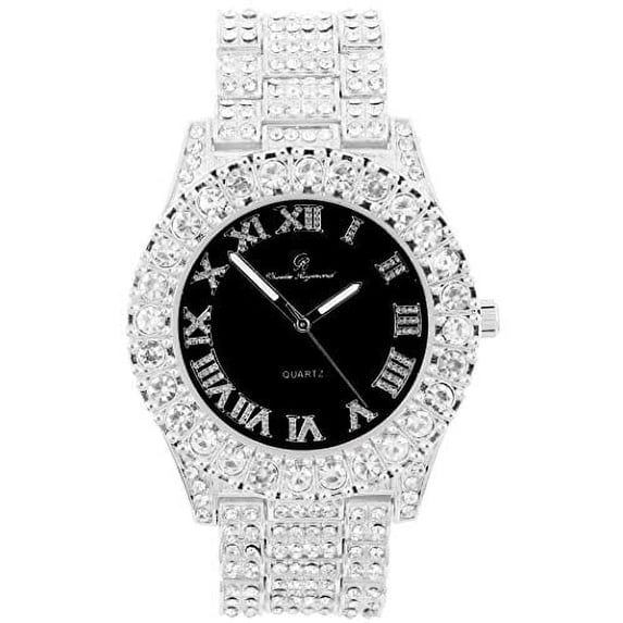 Charles Raymond Mens Silver Blinged Out Big Rocks with Roman Numerals Fully Iced Out Hip Hop Colorful Dial Wristwatch - ST10327 RN Single (Silver Black Panther)