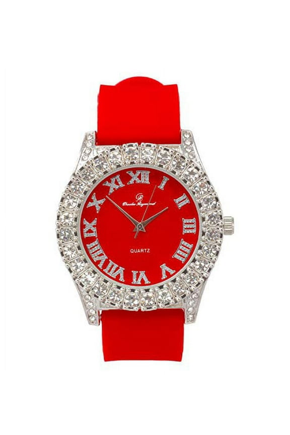 Mens Silver Hip Hop Big Rocks with Roman Numerals Fully Iced Out Colorful Dial Blinged-out WristWatch - ST10327 RN Single (ST10357 Silver Red)