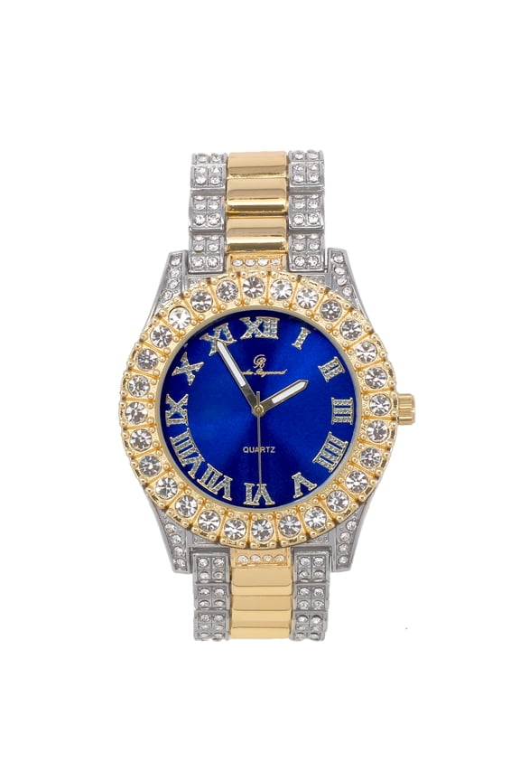 Mens Two Tone - Gold and Silver Big Rocks with Roman Numerals Fully Iced Out Colorful Dial Hip Hop Blinged Out Wristwatch - Blue - Two Tone - ST10348