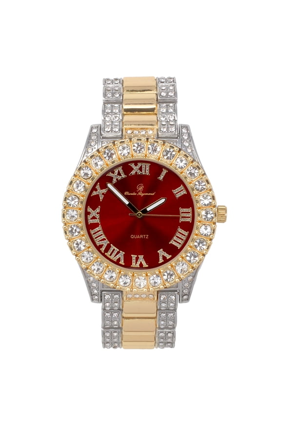 Mens Two Tone - Gold and Silver Big Rocks with Roman Numerals Fully Iced Out Spring Summer Colorful Dial Blinged Out Hip Hop Wristwatch - Red - Two Tone