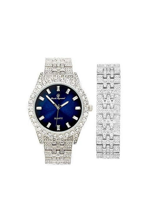 Mens Watch w/Matching Iced Rolly Hip Hop Bracelet-Big Rhinestones on Trim and Elegant Baguette Time Indicators on Dial-Master Bling Designer-ST10226B (Matching Silver/Royal Blue BA)