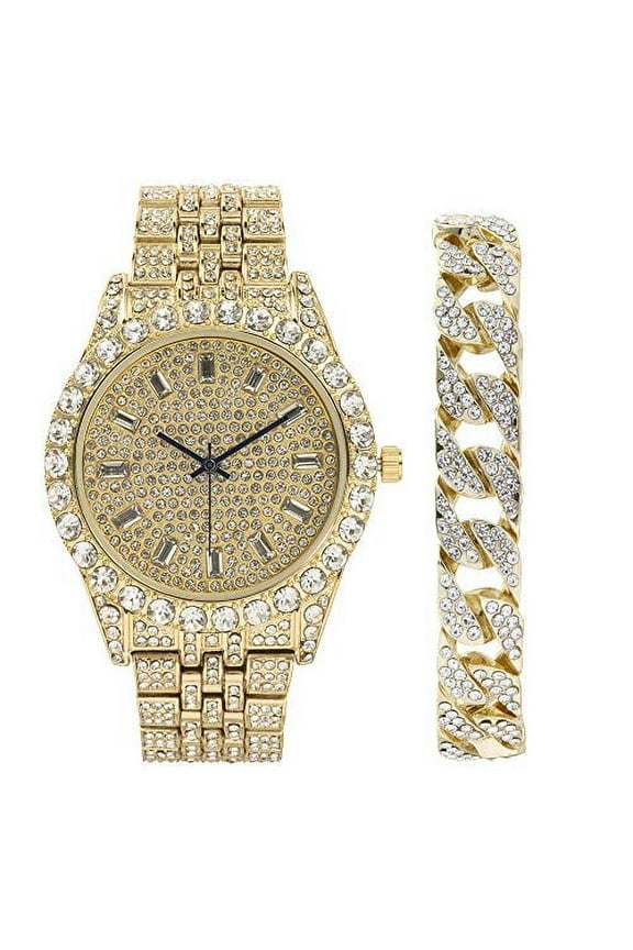 Mens Watch w/Matching Iced Rolly Hip Hop Bracelet - Big Rhinestones on Trim and Elegant Baguette Time Indicators on Dial - Master Bling Designer - ST10226B (Cuban Gold)