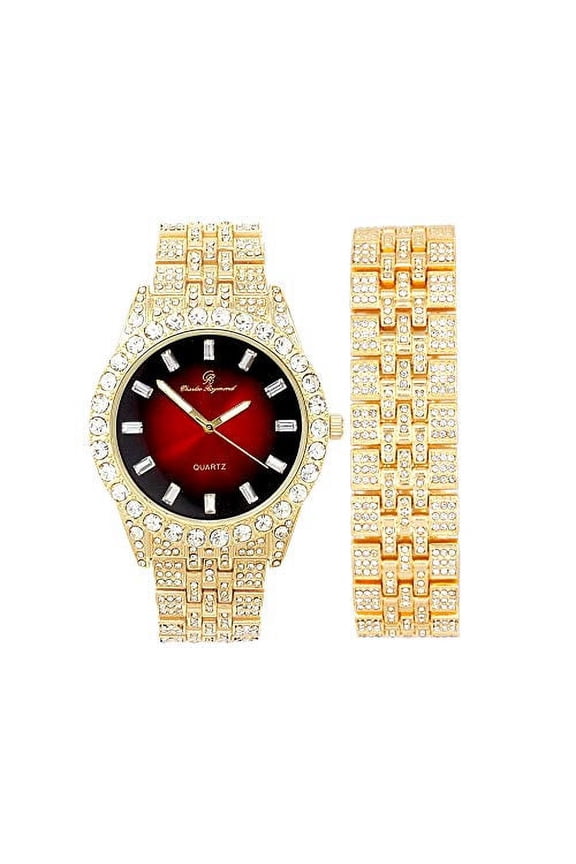 Mens WristWatch Iced Rolly Hip Hop Bracelet - Big Rhinestones and Baguette Time Indicators on Dial - Master Bling Designer - ST10226B (Matching Gold/Blood Red BA)