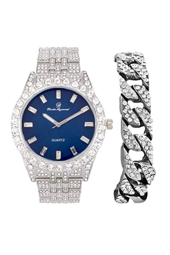 Mens WristWatch w/Matching Iced Rolly Hip Hop Bracelet - Big Rhinestones on Trim and Elegant Baguette Time Indicators on Dial- Master Blingout Designer - ST10226B (Silver Bright Blue)