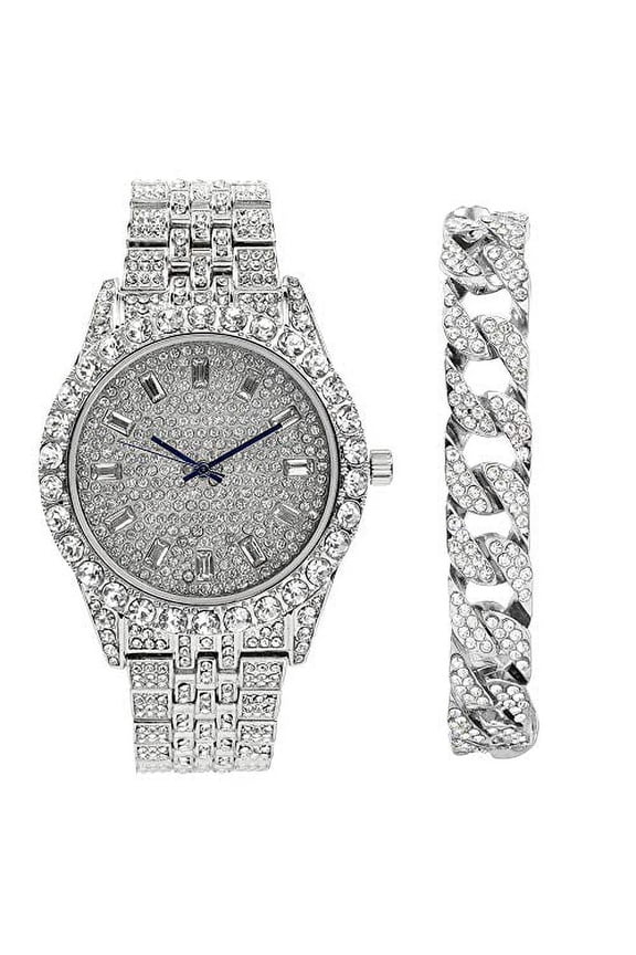 Mens Wristwatch w/Matching Iced out Rolly Hip Hop Bracelet - Big Rhinestones and Elegant Baguette Time Indicators on Dial - Master Blinged out Design - ST10226B (Cuban Silver)