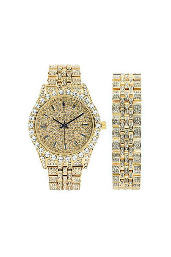 Mens Wristwatch w/Matching Iced out Rolly Hip Hop Bracelet - Big Rhinestones on Trim and Elegant Baguette Blinged Out Time Indicators on Dial - Master Bling Designer - ST10226B (Gold)