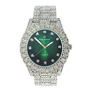 Charles Raymond Mens silver green bling-ed out hip hop fully iced out rapper with diamond time indicator analog wristwatch - ST10327DxxS Silver Money Green