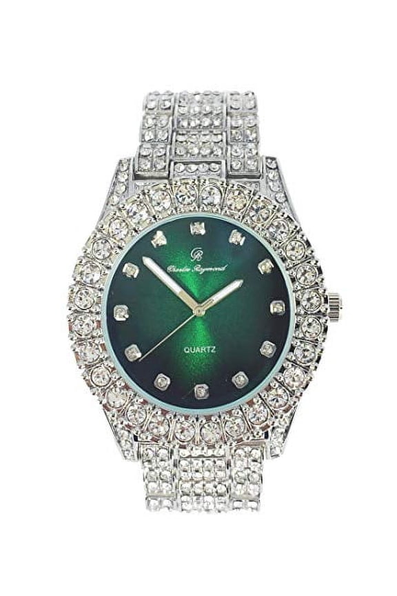 Mens silver green bling-ed out hip hop fully iced out rapper with diamond time indicator analog wristwatch - ST10327DxxS (Silver Money Green)
