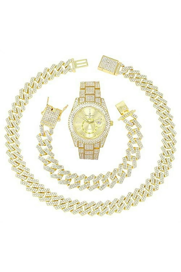 Minimalist Designer Iced Out Watch. A Hip Hop Clone Conspiracy Timepiece to Become a King of Bling ST10328A-GLD-ZZ Set