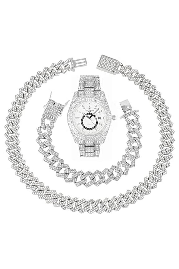 Minimalist Designer Iced Out Watch. A Hip Hop Clone Conspiracy Timepiece to Become a King of Bling ST10328A-SLV-ZZ Set